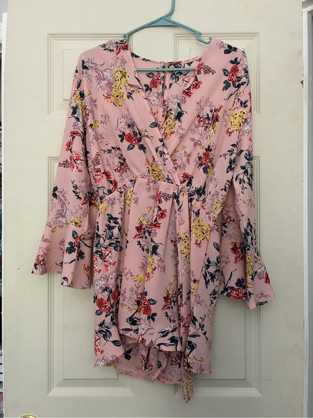 Amazon Pink Floral Wrap Romper with Tie Waist